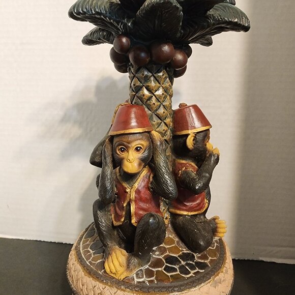 Three Wise Monkeys Around Palm Tree Candle Holder See Hear Speak No Evil 8"x5" - Picture 2 of 4